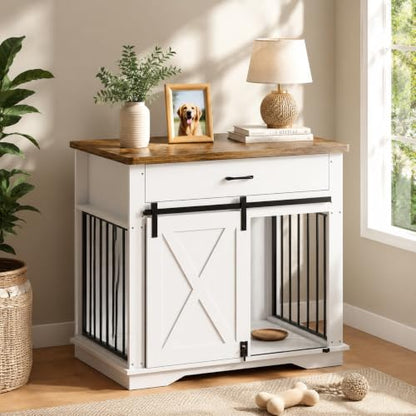 Heavy Duty Dog Crate Furniture 38 Wood Kennel with Barn Door, White, view 2