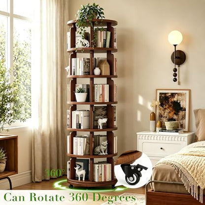 6 Tier 360° Rotating Solid Wood Bookshelf with Wheels, view 4