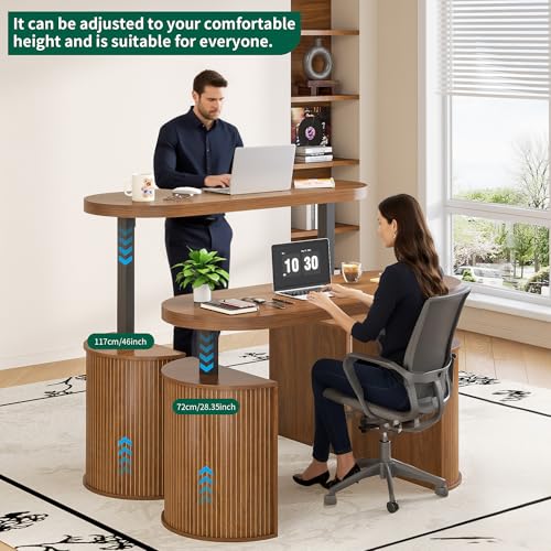 Mid Century Modern Electric Standing Desk with Storage, 55 x 22 Inch Small Sit Stand Up Desk, Wood Adjustable Height Computer Executive Desk for Home Office, Laptop, Walnut