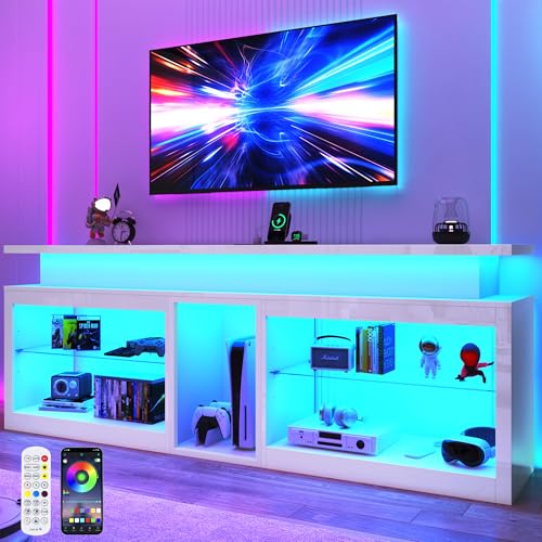 71" LED TV Stand with Power Outlet,60-Colors LED Lights For 70 80 in TV,WT, view 4