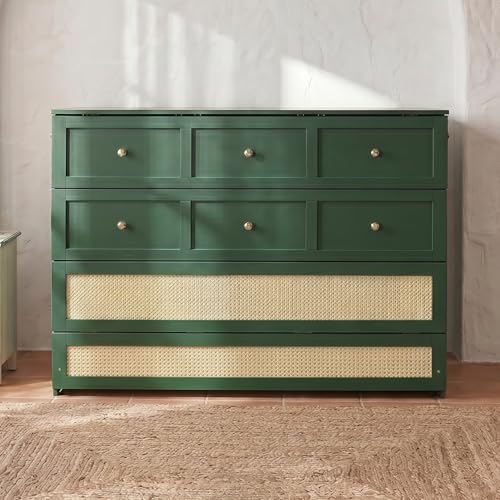 JIVOIT Queen Size Murphy Bed with Large Drawers, Solid Wood Murphy Bed Chest with Rattan Patterned Designs, Multi-Function Design for Guest Room Small Room