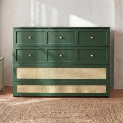 JIVOIT Queen Size Murphy Bed with Large Drawers, Solid Wood Murphy Bed Chest with Rattan Patterned Designs, Multi-Function Design for Guest Room Small Room