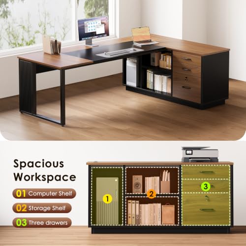 Executive 71 Inch L Shaped Desk with File Cabinet, Walnut+Black, view 5