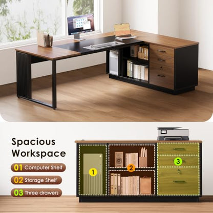 Executive 71 Inch L Shaped Desk with File Cabinet, Walnut+Black, view 5