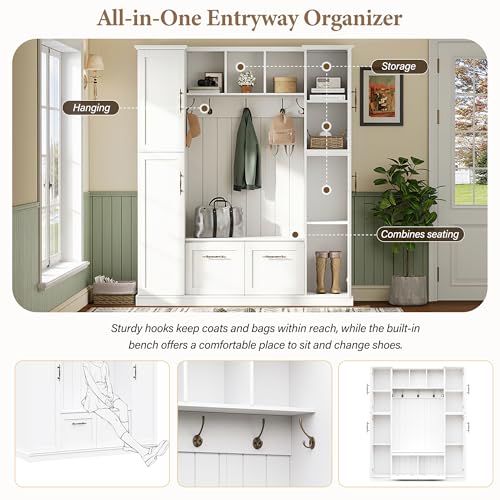 ON-TREND Farmhouse Elegant Hall Tree with 4 Side Cabinets, All-in-One Mudroom Furniture with Adjustable Shelves & Open Cubbies, Beadboard Entryway Bench with Coat Rack & 5 Hooks for Hallway, White