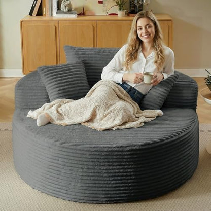 55'' Oversized Round Chaise Lounge Chair Indoor, Corduroy Sponge Deep Seat Single Sofa, Cloud Large Round Chairs, Modern Sleeper Chair for Living Room, Wide Armrest Chairs, No Assembly Required Gray