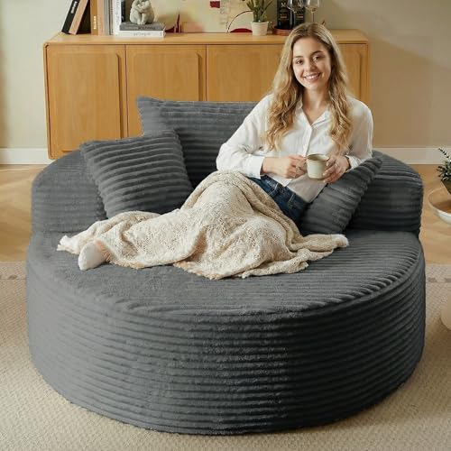55'' Oversized Round Chaise Lounge Chair Indoor, Corduroy Sponge Deep Seat Single Sofa, Cloud Large Round Chairs, Modern Sleeper Chair for Living Room, Wide Armrest Chairs, No Assembly Required Gray