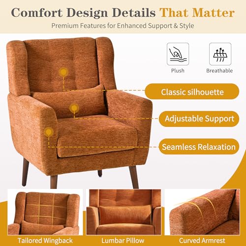 Modern Accent Chair, Upholstered Armchair with Pillow, Fabric Single Sofa Chair with Lounge Seat and Wood Legs Accent Chair for Living Room Bedroom Small Spaces (Orange, Set of 1)