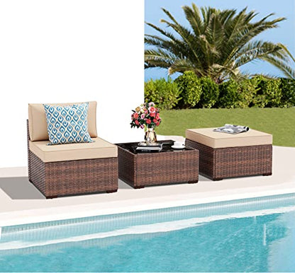 3 Piece Patio Furniture Set, Outdoor Sectional Sofa, PE Wicker Rattan Conversation Set, All Weather Armless Chair and Ottoman with Coffee Table, Brown Wicker Beige Cushion