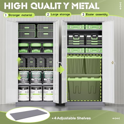 72” Metal Storage Cabinet, Lockable File Cabinet with 2 Doors and 4 Adjustabble Shelves,Garage Storage Cabinets for Office, Warehouse, Home, (Grey White