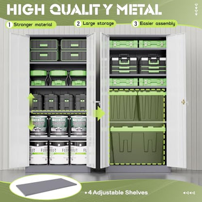 72” Metal Storage Cabinet, Lockable File Cabinet with 2 Doors and 4 Adjustabble Shelves,Garage Storage Cabinets for Office, Warehouse, Home, (Grey White