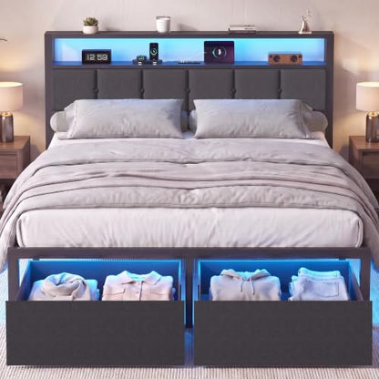 Queen Bed Frame with Storage Drawers, Charging Station and LED Lights, view 2