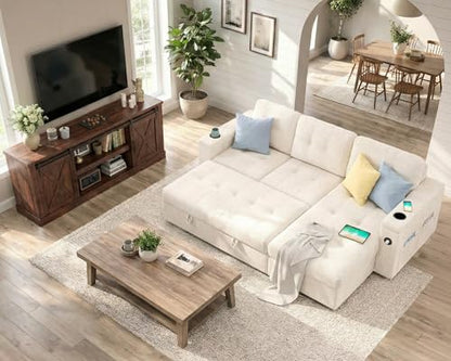 2 Piece Living Room Furniture Set, 84" Pull Out Sleeper Sofa with Storage Chaise, and 66" Farmhouse TV Stand for TVs up to 75"-Brown