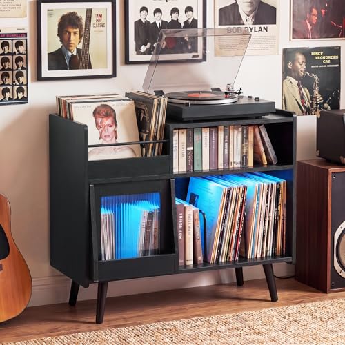 Large Record Player Stand with LED Light & Sliding Door, Black, view 3