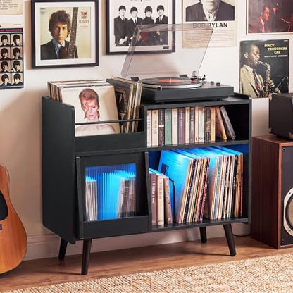 Large Record Player Stand with LED Light & Sliding Door, Black, view 3