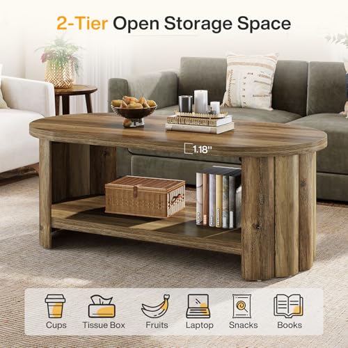 47.24" Oval Coffee Table, 2-Tier Coffee Table with Storage Shelf, Farmhouse Wooden Accent Center Tables with Dual Base for Living Room Bedroom Apartment