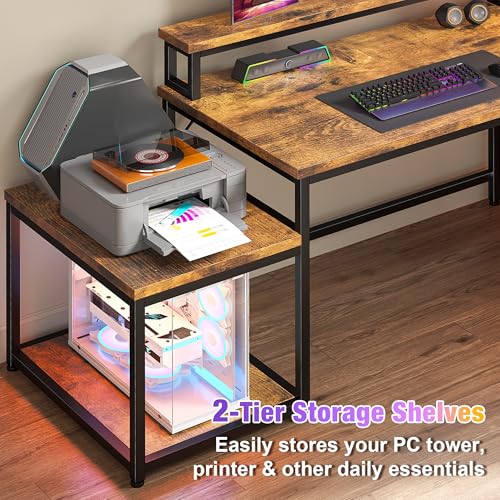 56" L Shaped Desk with Power Outlets & LED Lights for Bedroom,Brown, view 6