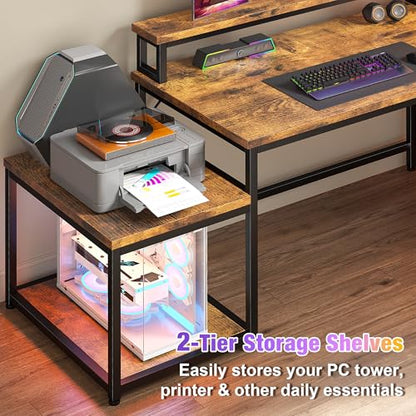 56" L Shaped Desk with Power Outlets & LED Lights for Bedroom,Brown, view 6