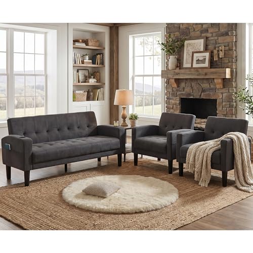 Sofa Couch, Living Room Furniture Sectional Sofa Sets of 3 Pcs, Tufted Mid-Century Loveseat w/USB, Cupholders & Comfy Single Sofa for Small Space, Apartment, Office (Dark Grey)