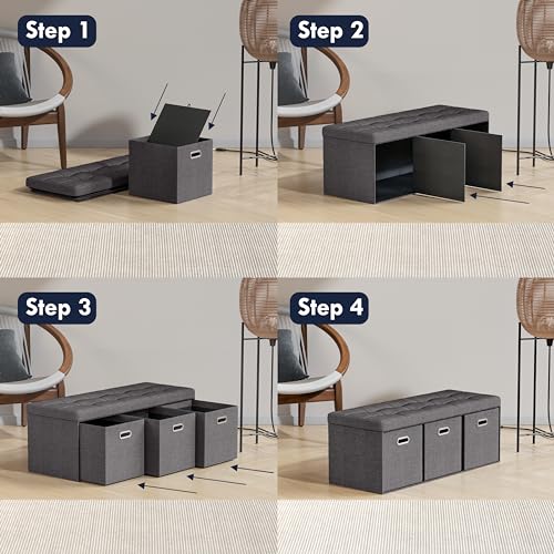 40 Inch Storage Ottoman with 3 Drawers, Tufted Linen, Dark Gray | Foldable Large Bench Design; Foot Rest Stool Seat; Ideal for Living Room, Bedroom or Entryway