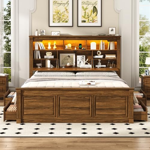 Farmhouse King Size Bed Frame with 55" Tall Storage Headboard & 4 Drawers, view 7