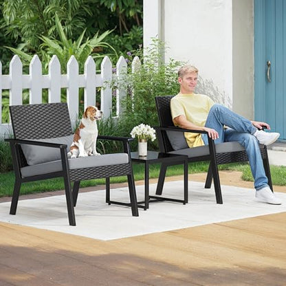 3-Piece Wicker Small Outdoor Patio Furniture Set with Glass Table for Balcony, Porch, and Garden (Gray)