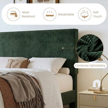 Queen Platform Bed, Adjustable Tufted Corduroy Headboard, Green, view 5
