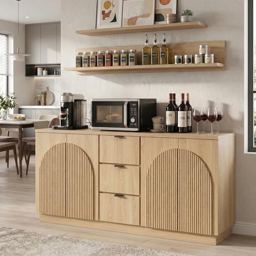 67" Fluted Sideboard Buffet Cabinet with 4 Arched Reeded Design Doors &3 Drawers, Mid Century Modern Credenza Storage Cabinet with Adjustable Shelves, for Living Room Dinning Hallway