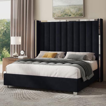 Queen Upholstered Bed Frame with 58" Tall Headboard,Black, view 2