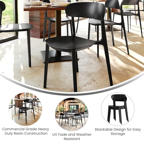 Dover Patio Chair with Curved Backrest and Contoured Seat, Commercial All-Weather Stacking Resin Chair, UV Resistant, Indoor-Outdoor, Black, Set of 2