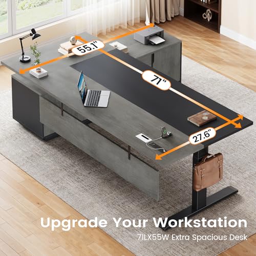 71" Executive Large L Shaped Electric Standing Desk, Grey, view 6