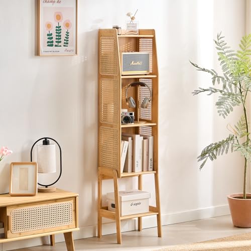 Bamboo Rattan Bookcase with Cabinet, 3-Tier Storage Shelf with Side Table & End Table Function, Large Modern Wood Organizer for Living Room or Bedroom, Natural Bookshelf