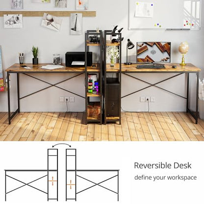 Computer Desk 55" with Power Outlet and Storage Shelves,Rustic Brown, view 7