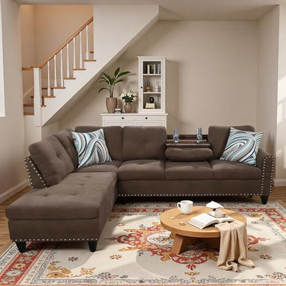 L-Shaped Sectional Sofa, Modern 4-Seat Couch with Built-in Cup Holders, Upholstered Fabric Sectional Couch with Left Facing Chaise for Living Room, Apartment, Office, Brown