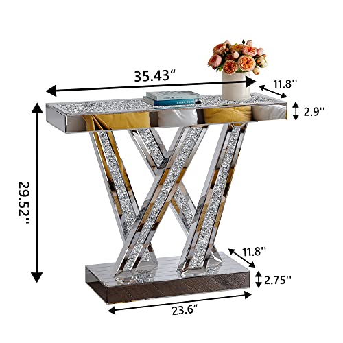 Silver Modern Console Table Mirrored, Glass Sofa Table Inlay with Crushed Crystals, 35-Inch Entryway Table with W-Shaped Base, Rectangular Accent Foyer Table for Living Room Hallway Entrance