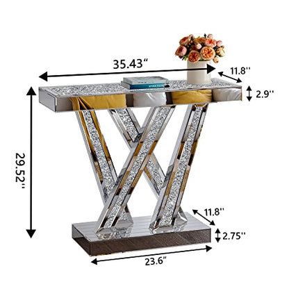 Silver Modern Console Table Mirrored, Glass Sofa Table Inlay with Crushed Crystals, 35-Inch Entryway Table with W-Shaped Base, Rectangular Accent Foyer Table for Living Room Hallway Entrance