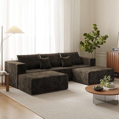 110" U Shaped Sectional Sofa with 2 Ottomans, Modular Corduroy Boneless Cloud Couch, Oversized Deep Seat Sofa for Living Room, Flexible Combination Design, No Assembly Required