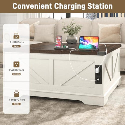 40” Large Farmhouse Lift Top Coffee Table with Power Outlets and Large Hidden Storage, Square Wood Living Room Tables, Multi-Function Lift Wooden Barn Door Center Table, Rustic White