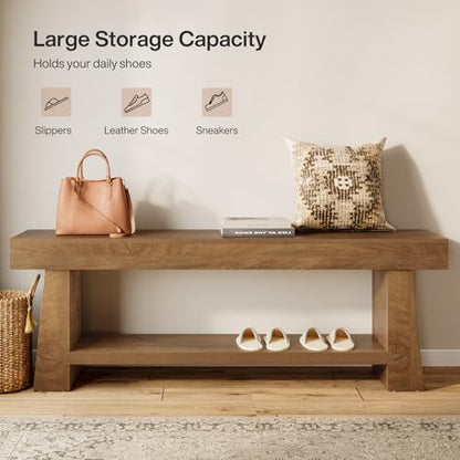 Tribesigns Wooden Entryway Bench with Shoe Storage, 63" Long 2-Tier Farmhouse Indoor Seating Bench with Open Shelves for Hallway, Foyer, End of Bed Stool for Bedroom, Brown