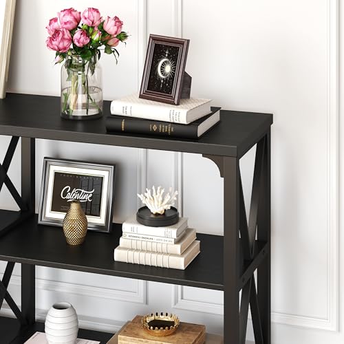 Black Console Table, Modern Sofa Table Behind Couch, Industrial Entryway Table for Hallway Living Room, Farmhouse Wooden Metal Entry Table for Foyer with 3-Tier Storage Shelves, Black Oak, 55 Inch