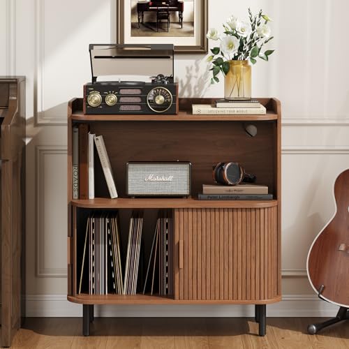 Mid Century Modern Record Player Stand with Charging Station,Walnut, view 4