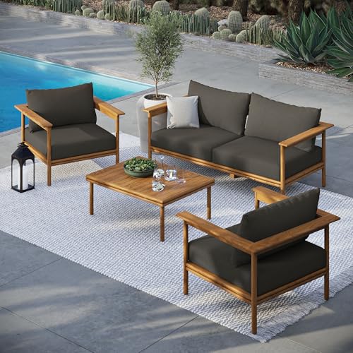Wren Teak Wood Outdoor Patio 4 Piece Furniture Set in Natural Flint Gray