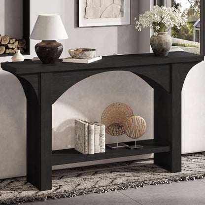 55 Inch Console Table, 2-Tier Modern Entryway Table Narrow Wood Sofa Tables with Storage Shelves for Living Room, Entrance, Hallway, Foyer (Black)