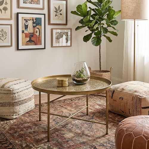 24" Round Coffee Table with Hammered Tray Top, Vintage Metal Center Table for Living Room, Bedroom, Side Table, Gold