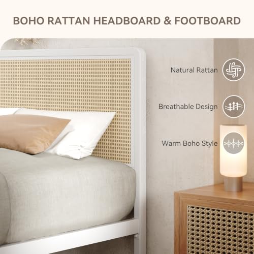 Rattan Queen Bed Frame with Headboard, Boho Queen Metal Platform Bed Frame with Steel Slats, Under Bed Storage, Rounded Corners, No Box Spring Needed, Quiet Design, Easy Assembly, White