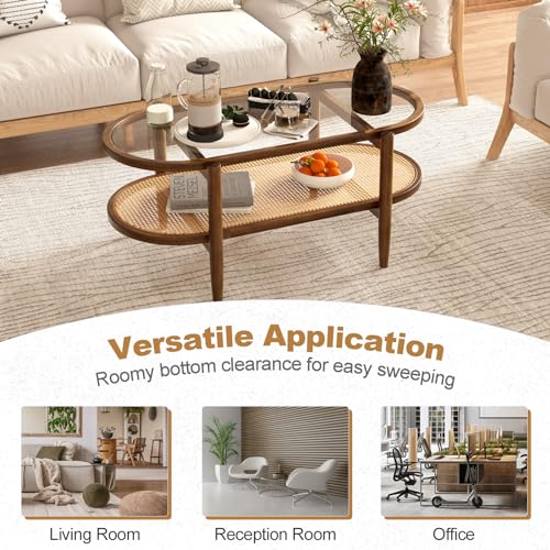 Rattan Coffee Table, 2-Tier Oval Acacia Wood Tea Table w/Tempered Glass Tabletop & PE Rattan Storage Shelf, Boho Cocktail Tables, Mid Century Modern Center Table for Living Room Office, Brown