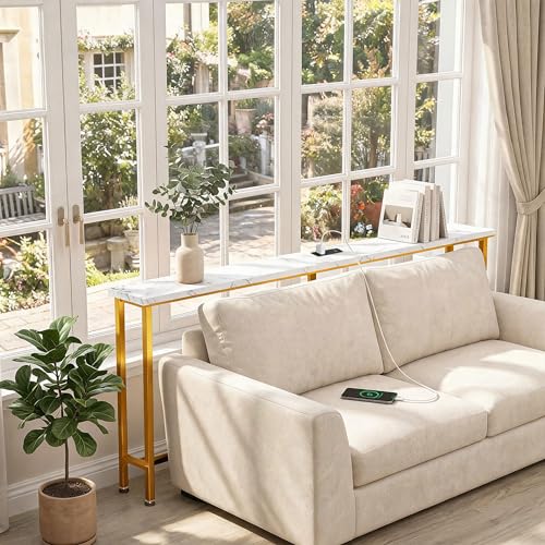 90" Narrow Sofa Table with Outlets (2 AC Outlets & 2 USB Ports), Behind Couch Table with Charging Station, Long Skinny Console Table for Living Room, Entryway and Hallway (White & Gold)