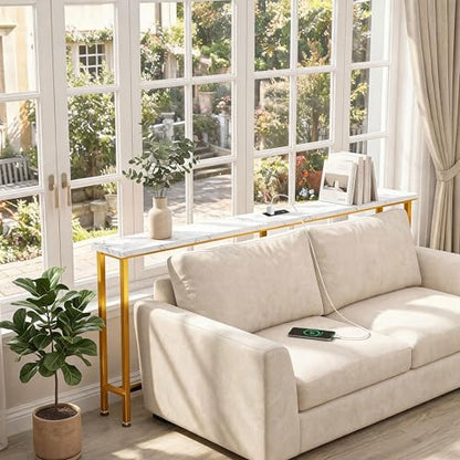 90" Narrow Sofa Table with Outlets (2 AC Outlets & 2 USB Ports), Behind Couch Table with Charging Station, Long Skinny Console Table for Living Room, Entryway and Hallway (White & Gold)
