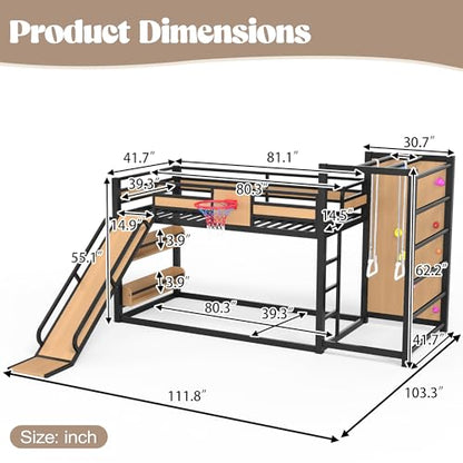 JIVOIT Twin XL Size Metal Loft Bed, Multi-Functional Design Loft Bed Frame with Basketball Hoop, Pull-Up Rings, Climbing Wall, Built-in Bookshelves, a Slide, Space-Saving Design, No Box Spring Needed