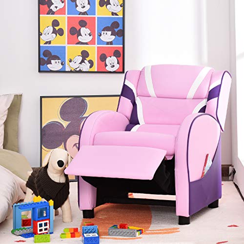 Kids Recliner, Gaming Recliner Chair w/Footrest, Headrest, Lumbar Support & Side Pockets, Ergonomic Leather Lounge Chair for Living & Gaming Room, Adjustable Recliner Sofa for Boys Girls, Pink